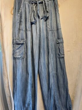 Kyla Seo Boho Light Wash Denim Utility Palazzo Pants size M Drawstring